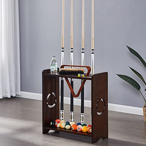 Pool Stick Holder Floor Stand, Wooden Billiards Cue Holds 9 Cues Full Set Of Pool Balls and Pool Table Accessories Pool Cue Rack with Chalk Holder for Game Room Club or Men Cave