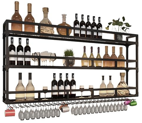 KCGCIHMS Estante de Vino de Pared con Luces LED Modernas y Soporte para Copas de Vino Grande, Estante de Metal de 3 Capas para Cocina y Sala de Estar, Color Negro (120 cm)