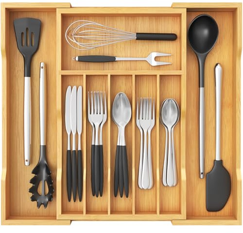 Lifewit Range Couverts en Bambou pour Tiroir, Rangement Ustensiles Extensible de 30,5 cm à 53 cm, Profondeur de 43 cm, Organisateur vaisselle de Cuisine, Porte Separateur pour Cuillère/Fourchette