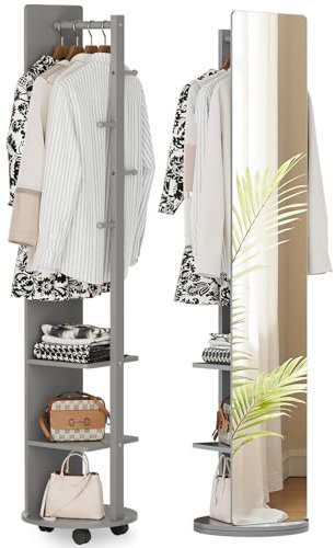 Warmiehomy 39X170cm Full Length Mirror with Coat Rack, 360° Solid Wood Swivel Freestanding Floor Long Mirror for Bedroom, Living Room, Cloakroom(Grey)