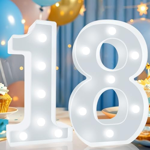 Decorative LED Light Up Numbers, 18th Birthday Decoration for Her Him, Cool White Marquee Numbers 18 Sign for Her Him Gift Party Backdrop 18th Wedding Anniversary Decor, Number 18