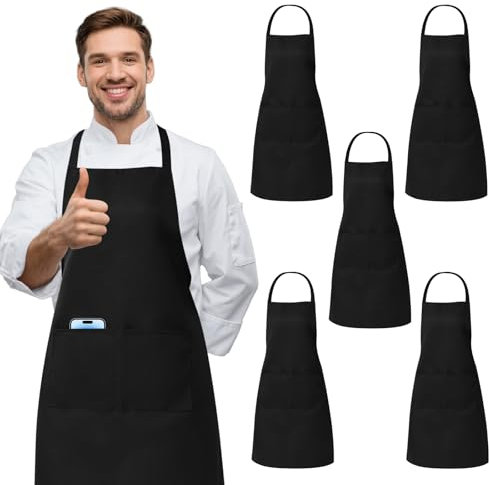Xumann 5 Pcs Black Chef Apron with Pockets, Waterproof Adjustable Cooking Kitchen Aprons for Men Women