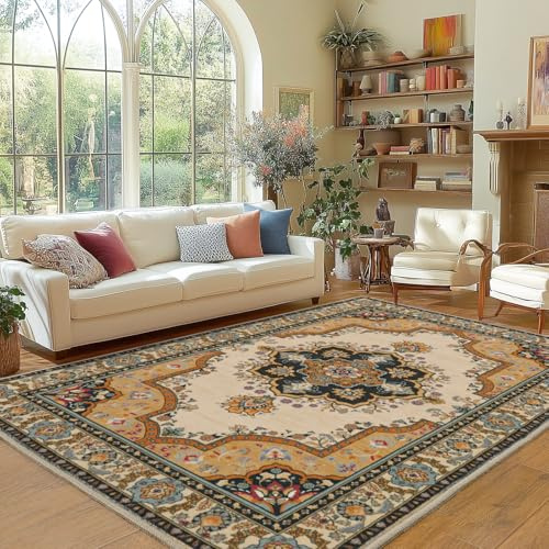 MAST DOO Waschbarer Teppich Wohnzimmer 200x300cm, Boho Blumen Teppiche Kurzflor Schlafzimmer, Teppich Retro Akzent Vintage Design Werfen Großer Teppiche für Büro Esszimmer Kinderzimmer Wohnzimmer