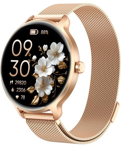 Smartwatch Damen Rund, 1.27 AMOLED Smart Watch mit Telefonfunktion, Fitnessuhr mit Pulsuhr SpO2 Schlafmonitor Schrittzähler, 120+ Sportmodi Sportuhr IP68 Wasserdicht, Uhren Damen für iOS Android