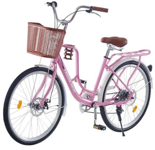 TRIOBLADE 24''26'' Vintage Ladies Bike with Basket 7 Speed Hybrid City Bike for Women Dual Disc Brakes Basket Rear Rack Lightweight Commuter bike Retro Bicycle White Urban Bike