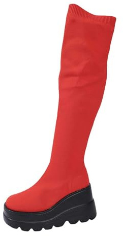 Generisch Winter Boots with Buckle Closure Comfortable Knee High Boots Elegant Pointed Toe Long Shaft Wide Shaft Warm Plain Comfort High Boots Leather Boots Winter Shoes, red, 9 UK