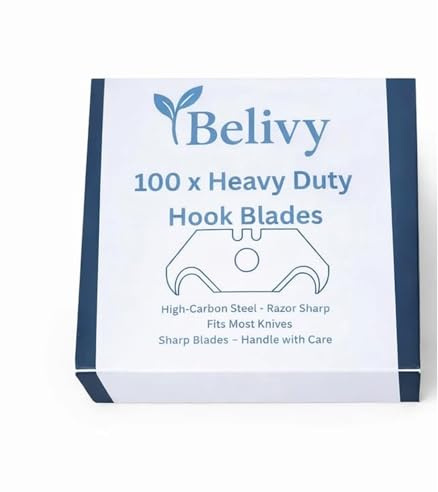 Belivy Hook Utility Knife Blades 100 Pack – Heavy Duty Hooked Cutting Blades for Roofing, Carpet & Vinyl – Professional Replacement, Fits Standard Utility Knives (Hook Box)