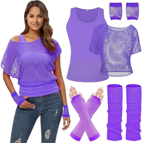 MUNSKT Damen Neon Outfit 80er 90er Jahre Fischnetz T-Shirt Ärmelloses Oberteil mit Handschuhe Beinstulpen Aerobic Kleidung Thema Party Zubehör Halloween Karneval Kostüm