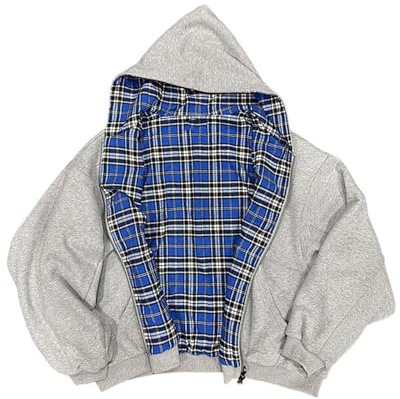 Generisch Veste à capuche pour homme avec doublure à carreaux, veste bomber classique avec fermeture éclair, sweat à capuche réversible à carreaux, plaid, patchwork, fermeture éclair, sweat-shirt