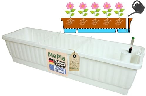 MePla – XXL balkonglåda Venezia 80 cm vit med vattenbehållare inkl. Vattennivåindikator – tillverkad i Tyskland – hållbar, självvattnande och direkt planterbar