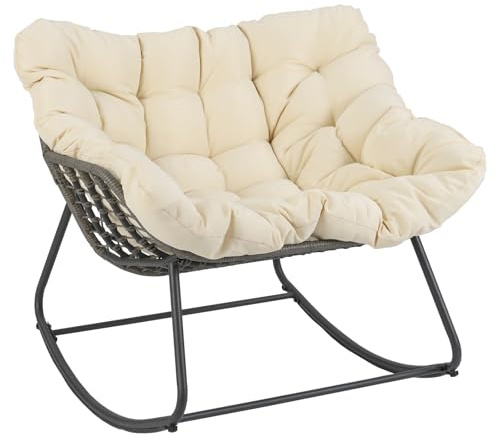 COSTWAY Fauteuil a Bascule Exterieur Interieur, Rocking Chair en Rotin PE, Coussin Épais Amovible, Bande Antidérapante, Fauteuil Œuf pour Balcon Porche Salon, Charge 150 kg, 98 × 98 × 87 cm (Beige)