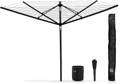 Swan Stealth SWLC1005BLKN - Tendedero Giratorio de 60 m con Altura Ajustable, estaca de Metal de Acero, Cubierta con Cremallera y Bolsa de Clavijas con mosquetón, construcción de Aluminio, Acabado