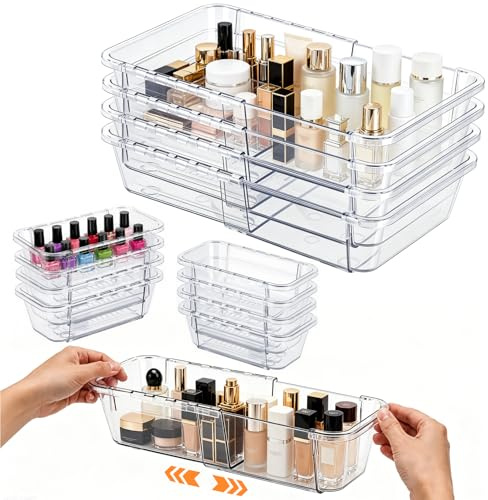 BEZORR 12 Stücke Klar Verstellbar Schubladen Organizer, Schubladenorganizer in 2 Größen Schminktisch Organizer, Kunststoff Sortierboxen Schubladen für Kosmetik, Besteck, Schreibwaren Eitelkeit Büro