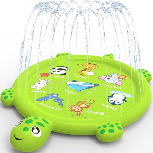 KAHEIGN 170CM Tapis de Jeu d'eau Splash, Tortue Dauphin Girafe Sirène Dinosaure Motifs Tapis D'arrosage Été Jardin Extérieur Jouets à Eau à Jet d'eau pour Enfants Animaux Familiales Activités