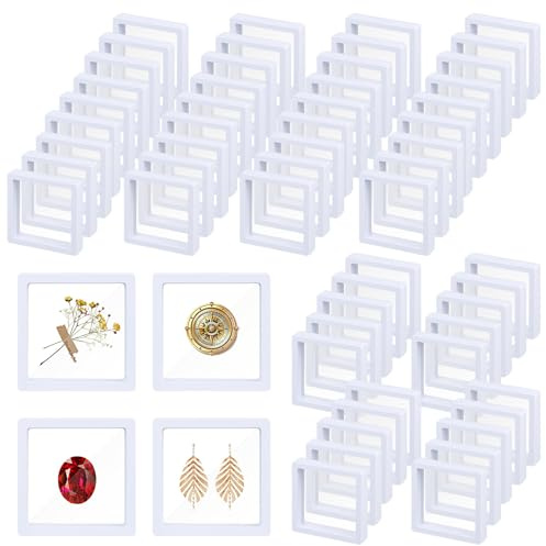 64 Pack 3D Floating Display Case, 7 x 7 cm Jewellery Display Box with PE Film White Square Display Frames for Ring Necklace Earrings Coin Storage Gift Packaging