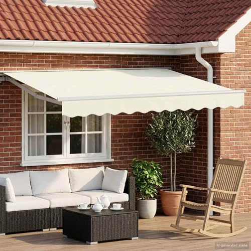 Tendone elettrico per terrazza con telecomando 3 x 2,5 m, colore crema e bianco, in poliestere con rivestimento in PU, telaio in acciaio e alluminio, telecomando e manovella.