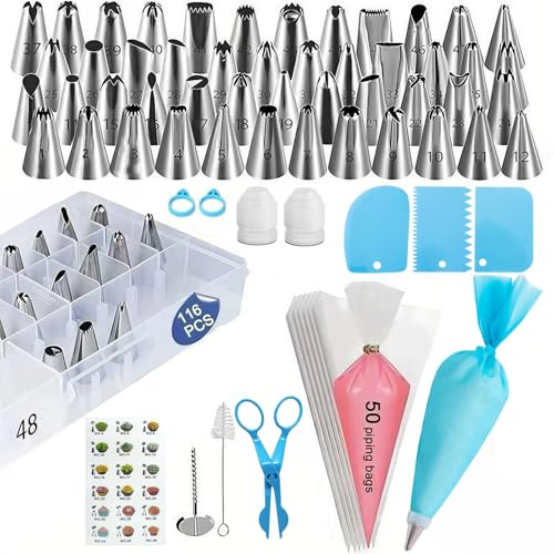LAILAILE 117 pcs Piping Bags and Nozzles Set – Complete Cake Decorating Kit | 55 stainless nozzles + 50 disposable bags, with scrapers, storage box. Reusable bag & converters. Perfect for baking