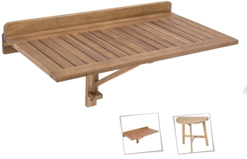 LOLAhome Mesa de Pared Plegable Abatible de 45x47x80 cm | Madera Acacia Maciza Natural Marrón | para Interior o Exterior Balcón, Terraza o Jardín - Colección Nina