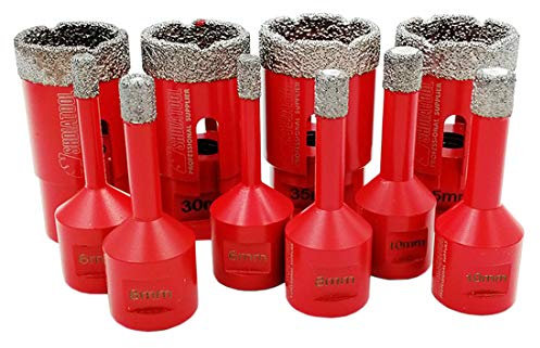 SHDIATOOL Dry Diamond Drill Core Bits 10pcs/set Vacuum Brazed M14 Connection drilling tile porcelain granite marble 10MM Diamond Height(Diameter 6mm 8mm 10mm 30mm 35mm each size 2pcs)