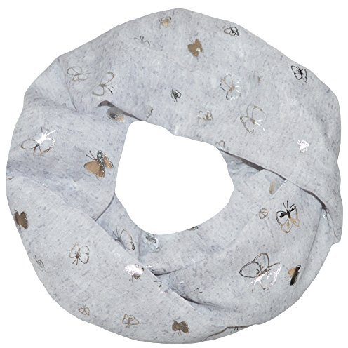 thb Richter Damen Loopschal Schlauchschal mit Schmetterlinge Butterflies Muster Metallic Aufdruck Glitzer Print Schal Rundschal Leicht Weich Soft Sommer Butterfly Schmetterling (Hellgrau)