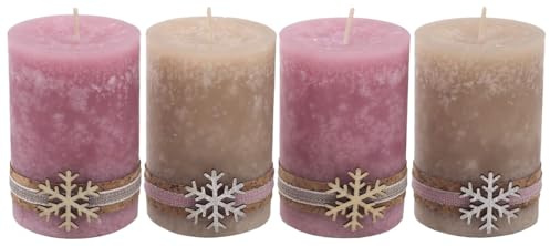 ZauberDeko 4 Adventskerzen Kerzen Stumpenkerzen Rosa Beige Schneeflocke Holz Weihnachten Advent Deko