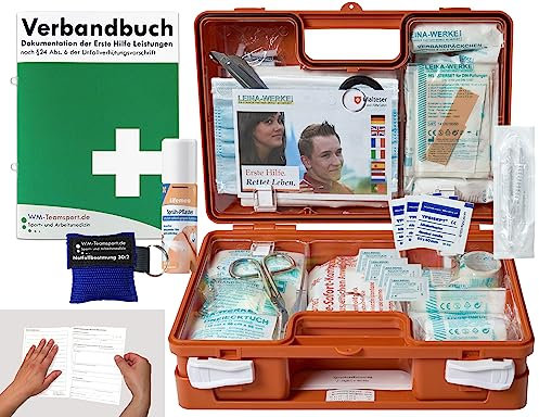 Verbandskoffer/Verbandskasten (K) Typ SN - Erste Hilfe nach aktueller DIN 13157 für Betriebe -DSGVO- INKL. PERFORIERTEM VERBANDBUCH + Sprühpflaster & Notfallbeatmungshilfe