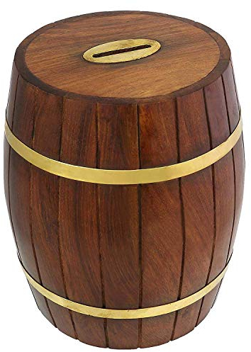 Ajuny Tirelire en Bois en Forme de Tonneau Faite à la Main, Boîte à Monnaie décorative pour économiser de l'argent, Cadeaux pour Enfants et Adultes, Gardien de Trésor 7x5x5 Pouces