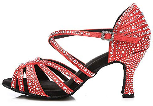 AOQUNFS Tanzschuhe Damen Latein Salsa Tango Bachata Strass Comfort Tanzschuhe,L356-Rot-7.5,EU39
