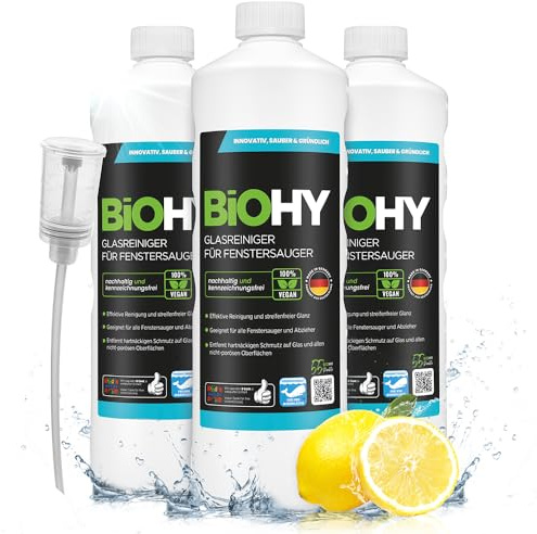 BiOHY Glasreiniger für Fenstersauger (3 x 1 Liter) + Dosierer | Fensterreiniger Konzentrat für alle Fenstersauger | Bio Reinigungsmittel sorgt für streifenfreien Glanz | Glasreiniger