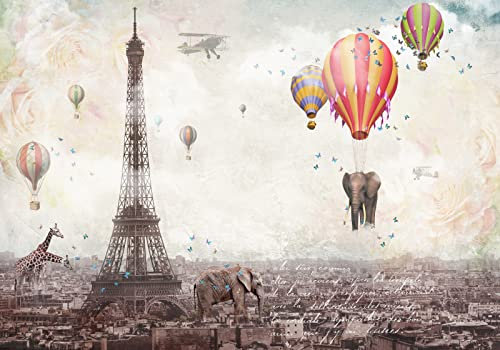 Wesmilewallpaper Papier Peint 3D Intissé Murales Rétro Paris Montgolfière Éléphant Girafe Animal Papier Peint Panoramique Tapisserie Peinture Poster Photo 350x245cm