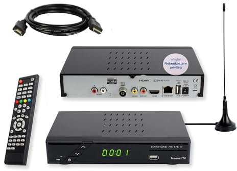 Set-ONE EasyOne 740 DVBT2 Receiver Bundle mit passiver DVBT2 Antenne, DVB-T2 Receiver mit Aufnahmefunktion und Dolby Digital Plus Unterstützung, 12V-Netzteil, Ideal für Camping, PVR Ready