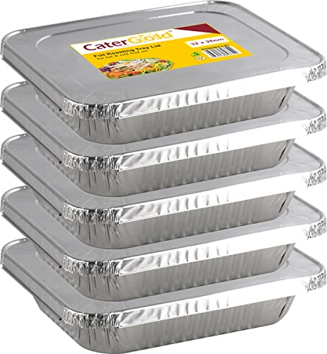 Catergold Medium Rectangle Disposable Aluminium Foil Trays with Lids 32 x 26 x 8cm Approx (5 Pack), Silver