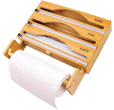 oiakus Bambus-Plastikverpackungsspender, Folien- und Plastikfolien-Organizer, 4-in-1-Verpackungsspender mit Schiebeschneider, Lebensmittelverpackungshalter aus Bambus, passend für 30,5 cm Rolle