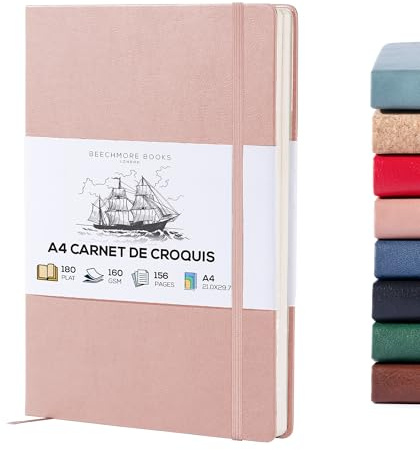 BEECHMORE BOOKS Skizzenbuch A4 (21,0 × 29,7 cm) – Hardcover aus Veganleder, 156 Seiten 160 g/m² | Perforiert, Lay-Flat, Blanko Skizzenblock, Geschenkbox, Skizzenblock für Zeichnen, Malen, Mixed Media