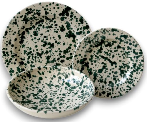 Colì, Service d'assiettes 18 pièces - bol, service d'assiettes 6 personnes, service d'assiettes colorées, peint à la main, dessin vert ramina, service de table pour 6 personnes