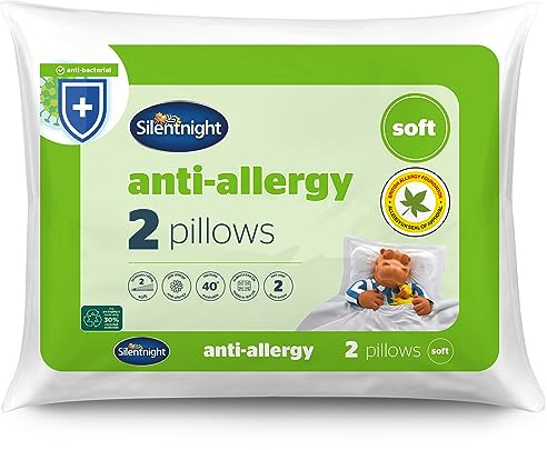Silentnight Anti Allergy Soft Pillows 2 Pack – Soft Support Pillows with Bouncy Fibres Ideal for Front and Stomach Sleepers – Hypoallergenic and Machine Washable – Pack of 2, White