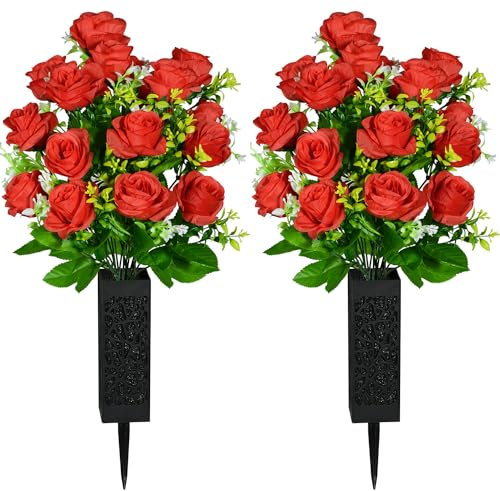 SIFOEL 2 Piezas de Flores Artificiales Cementerio con florero, Rosa Artificial Tumba Flores conmemorativas para la decoración de la lápida del Cementerio (Red)