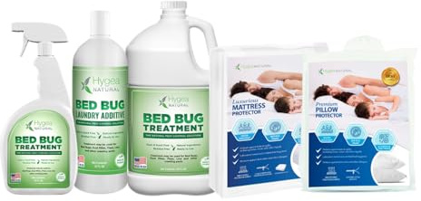 Hygea Natural Queen Mattress and Bed Bug Protection Bundle - Exterminator Combo Pack (Bed Bug Spray 24 oz, Refill 128 oz & Laundry Treatment 32 oz), Queen Mattress Cover, & 2 Queen Pillow Protectors