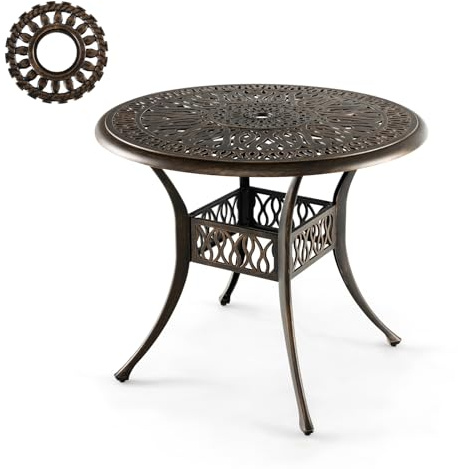 KOMFOTTEU Runder Beistelltisch, Gartentisch mit Schirmloch, Bistrotisch mit Aluminiumguss & verstellbaren Füßen, Esstisch für Balkon Terrasse Garten, 90 x 90 x 74 cm