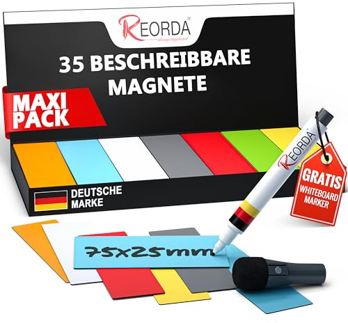 Reorda® Magnetstreifen beschreibbar – 35 Stück – 75x25mm (+ Stift) | Wiederbeschreibbar, beschreibbare Magnete für Whiteboard, Kanban, Magnettafel - beschriftbare Magnete für den Kühlschrank