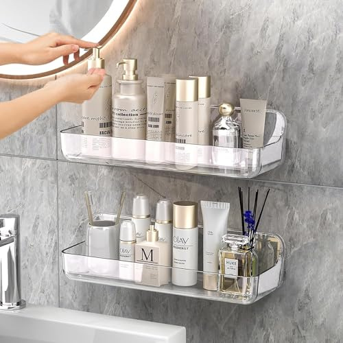 Lermende Badezimmer Organizer, 2 Stücks Transparenter Duschablage Ohne Bohren zur Wandmontage mit Selbstklebendem Klebeband, Kunststoff-Duschregale für Badezimmer und Küche-Lange Version.