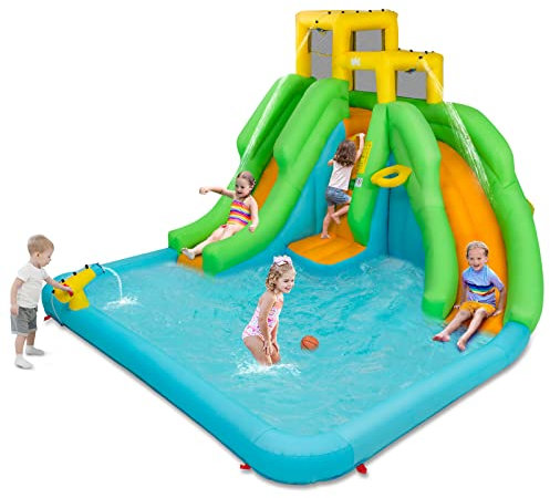 Castello Gonfiabile da Interno Esterno con Piscina 2 Scivoli Parete di Arrampicata Canestro di Basket e Cannone d'Acqua, Parco Giochi Acqua per Bambini 3-10 Anni