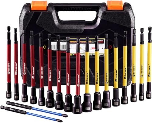 Facoow Magnetic Nut Driver Set for Impact Drill, 19 Pcs with Metric & SAE Including PH1 & PH2, 6 Inch Extra Long Nut Driver Set with Storage Case, Durable for Professional and Diy Projects