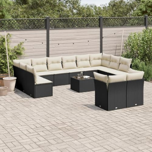 ULUYYUC 13-TLG. Garten-Sofagarnitur, Eckbankgruppe Gartenmöbel Set Fußhocker Gartenstühle Geeignet für Balkon Hinterhof Außenbereich Garten mit Kissen Schwarz Poly Rattan