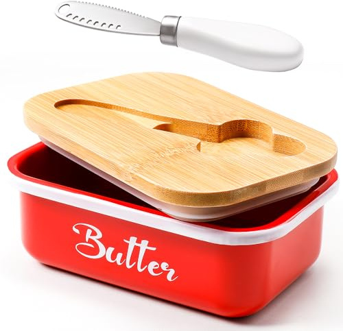 Butter Dish, Butter Dish with Lid for Countertop,Metal Butter Keeper with Stainless Steel Multipurpose Butter Knife, Large Butter Container with quality Silicone Good Kitchen Gift,Red