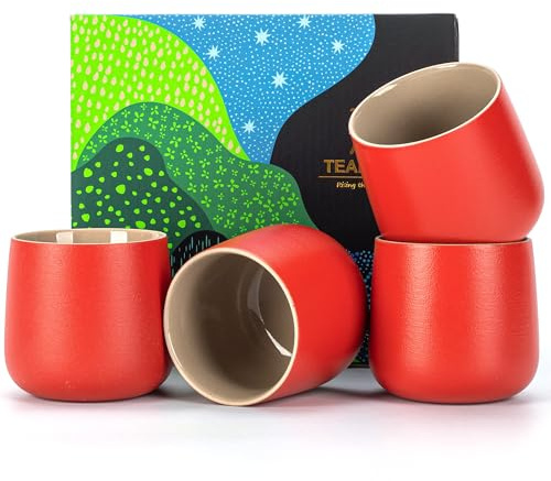TEANAGOO Japanische Teetasse, 7.2Oz / 205 ml,Rot, H19, 4 Stück/Karton,Chinesische Teetassen, Besetztes Japan Teetassen, Asiatische Teetassen ohne Henkel, Teetasse Keramik Tasse für Japaner