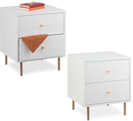 Relaxdays Nachttisch mit 2 Schubladen, Nachtschrank Schlafzimmer, Beistelltisch, Nachtkasten, HBT 52x45x40 cm, weiß/Gold