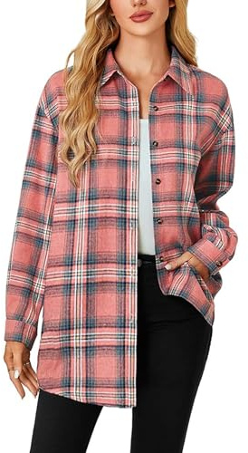 Jhsnjnr Damer flanell rutig skjorta blus knappslå v hals toppar lång skjorta oversize rutig skjorta långärmad skjorta, Mörkrosa, M
