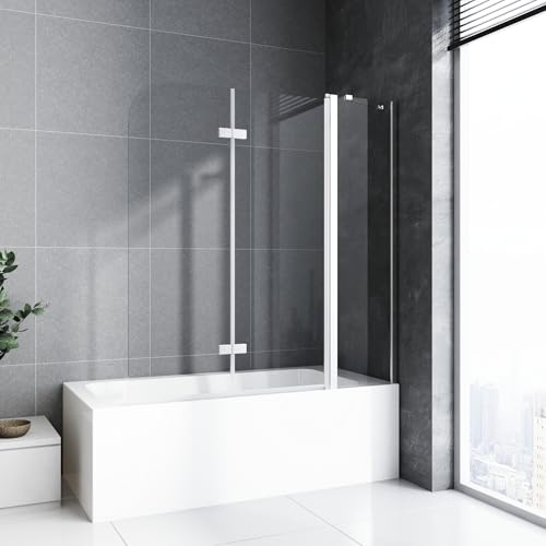 Duschwand für Badewanne 150 x 140 cm mit Stabilisator und Festteil,2-teilig Faltbar Duschtrennwand Duschabtrennung,Mit 6mm Nano Glas,Silberner
