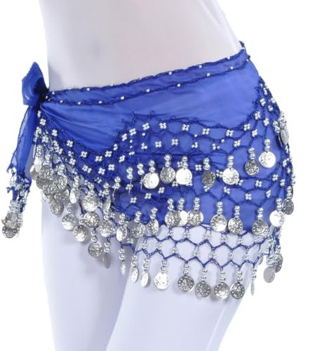 HESHUYAN Bauchtanz HüFttuch Bauchtanz-Taillenkette, 128 Münzen, Chiffonstoff, dreilagige Münzen, Tanz-Performance-Zubehör, Bauchtanz-Hüfttuch Bauchtanz KostüM Damen(Blue Silver)